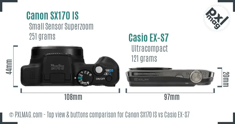 Canon SX170 IS vs Casio EX-S7 top view buttons comparison