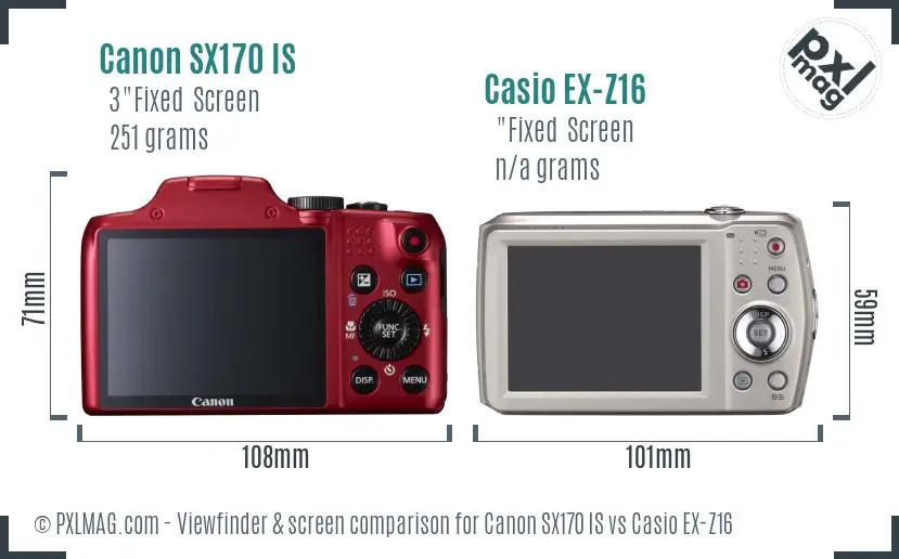 Canon SX170 IS vs Casio EX-Z16 Screen and Viewfinder comparison