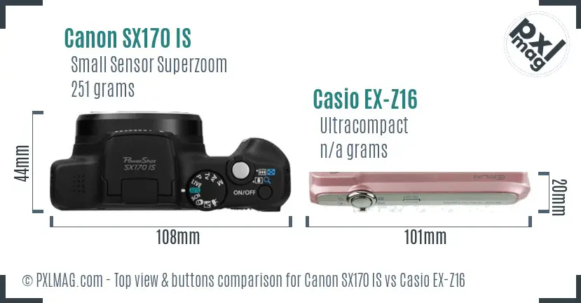 Canon SX170 IS vs Casio EX-Z16 top view buttons comparison