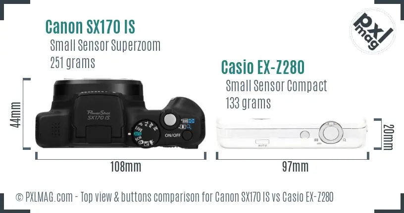Canon SX170 IS vs Casio EX-Z280 top view buttons comparison