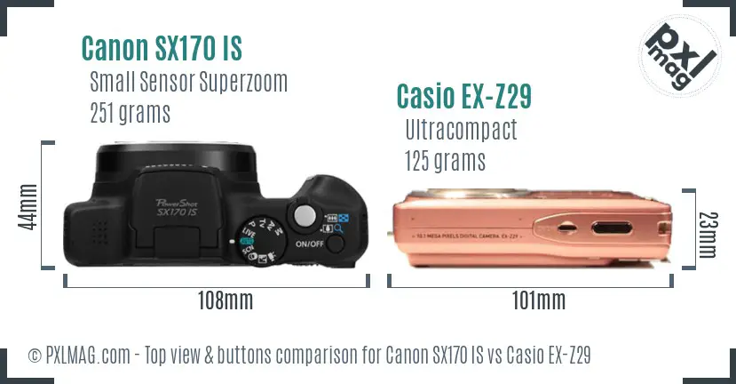 Canon SX170 IS vs Casio EX-Z29 top view buttons comparison