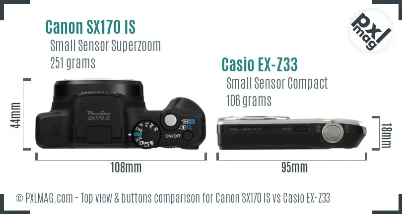 Canon SX170 IS vs Casio EX-Z33 top view buttons comparison