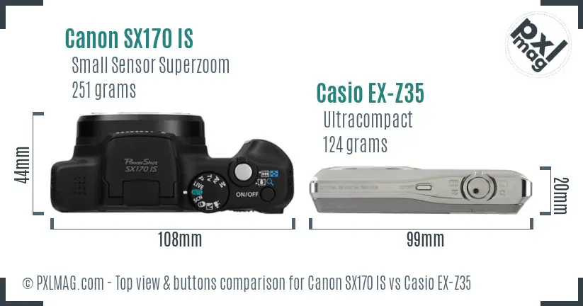 Canon SX170 IS vs Casio EX-Z35 top view buttons comparison Canon SX170 IS vs Casio EX-Z35 top view buttons comparison