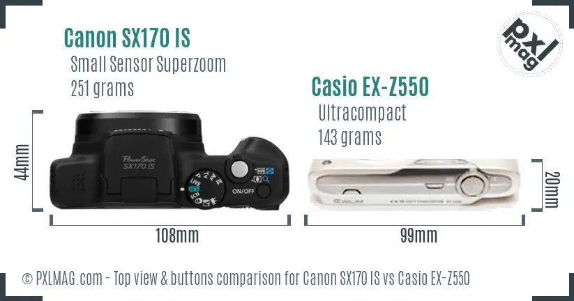 Canon SX170 IS vs Casio EX-Z550 top view buttons comparison Canon SX170 IS vs Casio EX-Z550 top view buttons comparison