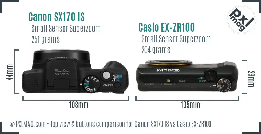Canon SX170 IS vs Casio EX-ZR100 top view buttons comparison