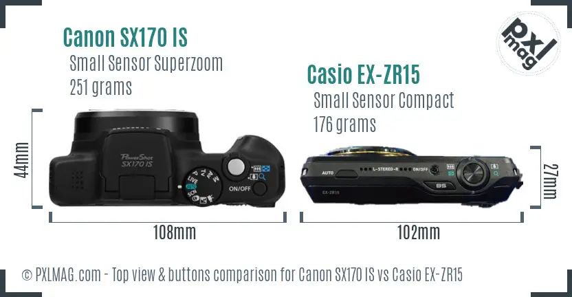 Canon SX170 IS vs Casio EX-ZR15 top view buttons comparison