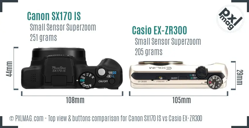 Canon SX170 IS vs Casio EX-ZR300 top view buttons comparison