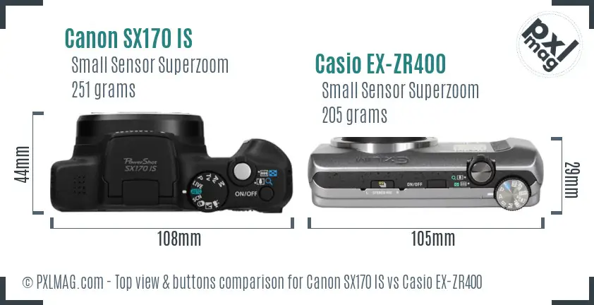 Canon SX170 IS vs Casio EX-ZR400 top view buttons comparison