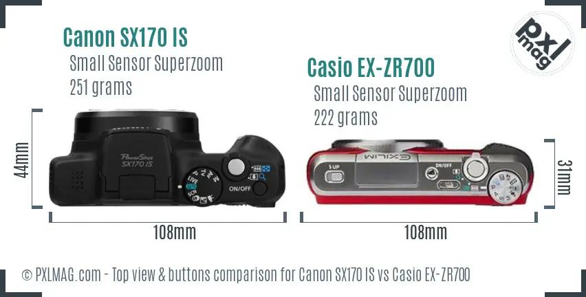 Canon SX170 IS vs Casio EX-ZR700 top view buttons comparison