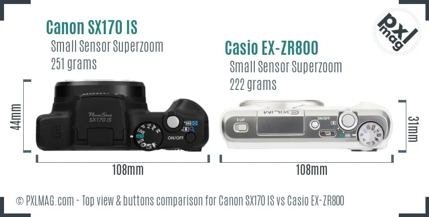 Canon SX170 IS vs Casio EX-ZR800 top view buttons comparison