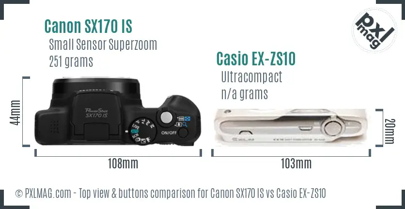 Canon SX170 IS vs Casio EX-ZS10 top view buttons comparison Canon SX170 IS vs Casio EX-ZS10 top view buttons comparison