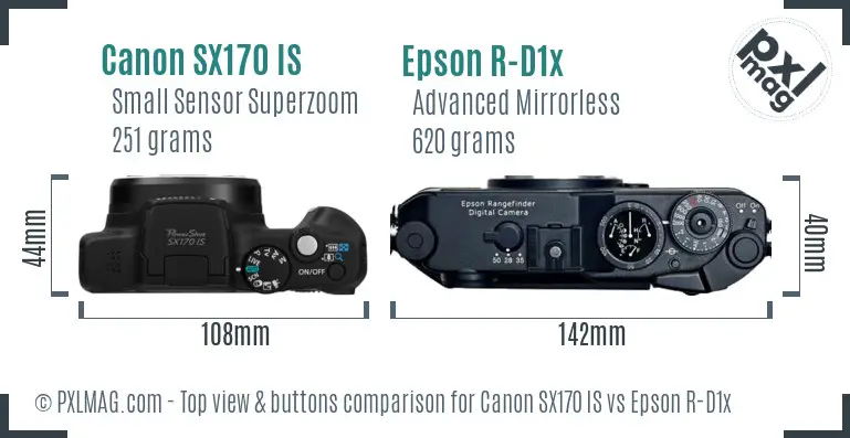 Canon SX170 IS vs Epson R-D1x top view buttons comparison
