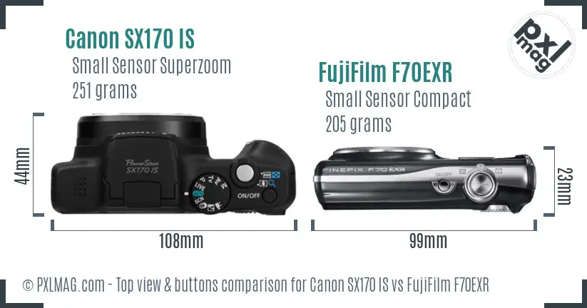 Canon SX170 IS vs FujiFilm F70EXR top view buttons comparison Canon SX170 IS vs FujiFilm F70EXR top view buttons comparison