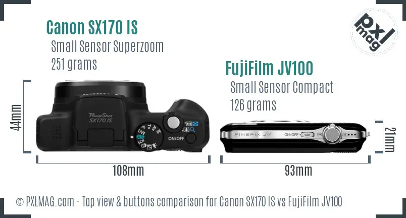 Canon SX170 IS vs FujiFilm JV100 top view buttons comparison Canon SX170 IS vs FujiFilm JV100 top view buttons comparison