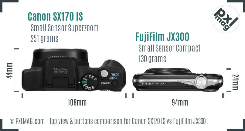 Canon SX170 IS vs FujiFilm JX300 top view buttons comparison Canon SX170 IS vs FujiFilm JX300 top view buttons comparison