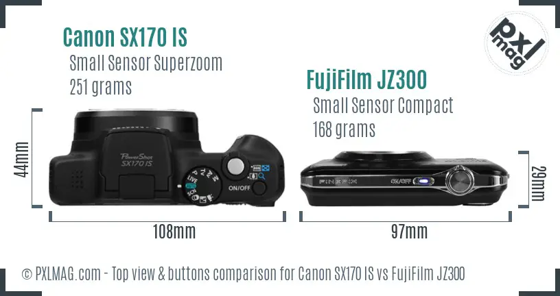 Canon SX170 IS vs FujiFilm JZ300 top view buttons comparison