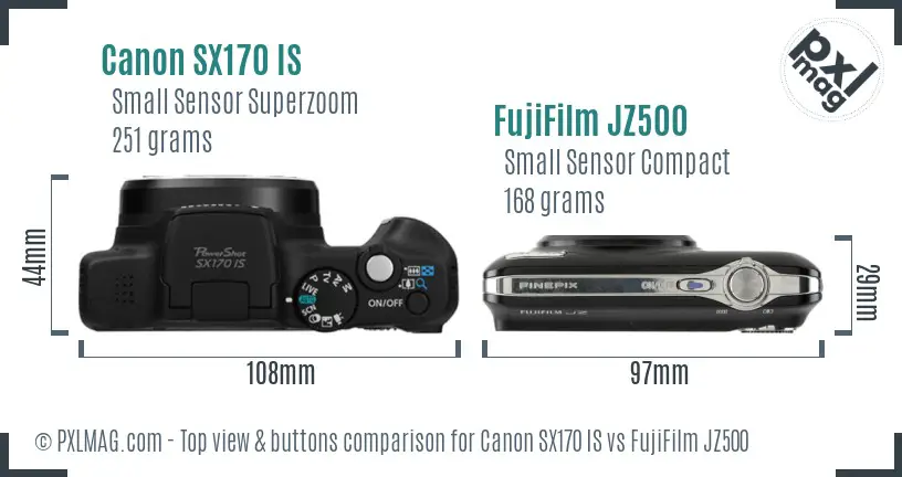 Canon SX170 IS vs FujiFilm JZ500 top view buttons comparison Canon SX170 IS vs FujiFilm JZ500 top view buttons comparison