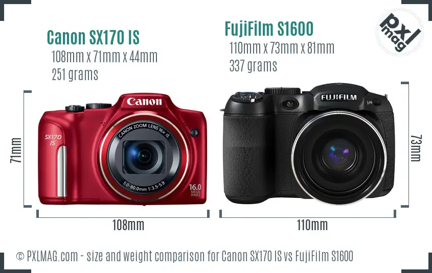 Canon SX170 IS vs FujiFilm S1600 size comparison