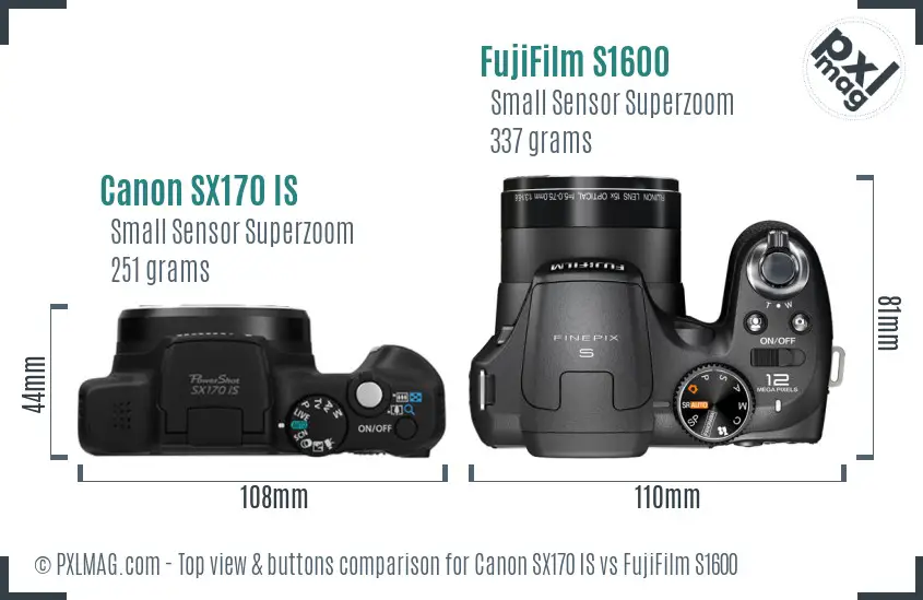 Canon SX170 IS vs FujiFilm S1600 top view buttons comparison