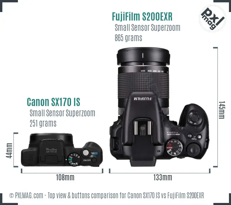 Canon SX170 IS vs FujiFilm S200EXR top view buttons comparison