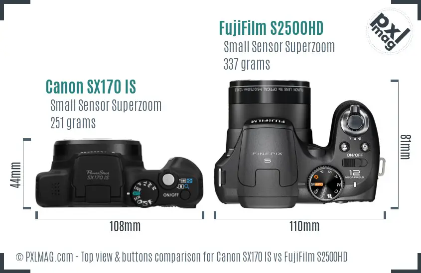 Canon SX170 IS vs FujiFilm S2500HD top view buttons comparison