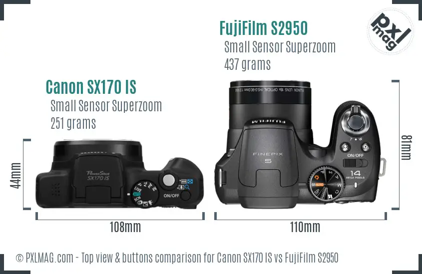 Canon SX170 IS vs FujiFilm S2950 top view buttons comparison