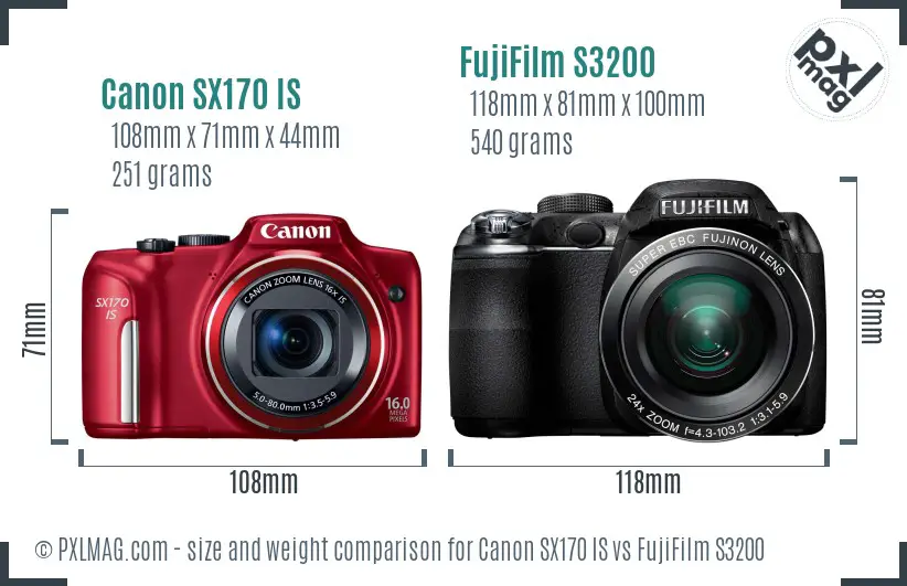 Canon SX170 IS vs FujiFilm S3200 size comparison