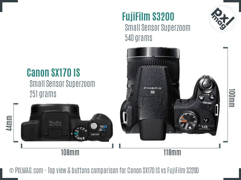 Canon SX170 IS vs FujiFilm S3200 top view buttons comparison