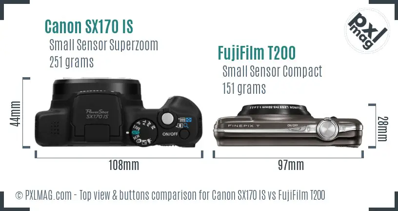 Canon SX170 IS vs FujiFilm T200 top view buttons comparison