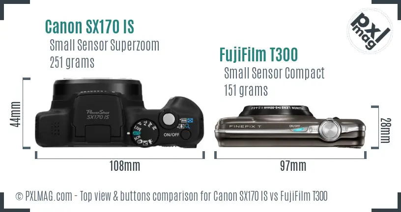 Canon SX170 IS vs FujiFilm T300 top view buttons comparison