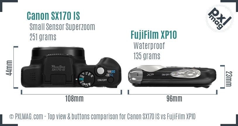 Canon SX170 IS vs FujiFilm XP10 top view buttons comparison
