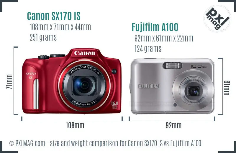 Canon SX170 IS vs Fujifilm A100 size comparison