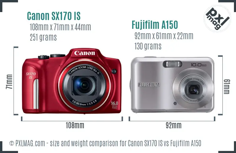 Canon SX170 IS vs Fujifilm A150 size comparison