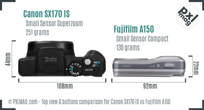 Canon SX170 IS vs Fujifilm A150 top view buttons comparison