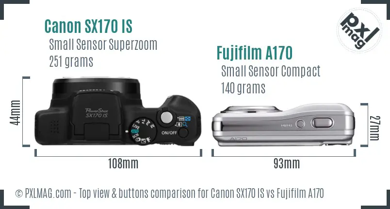 Canon SX170 IS vs Fujifilm A170 top view buttons comparison Canon SX170 IS vs Fujifilm A170 top view buttons comparison
