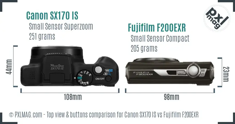 Canon SX170 IS vs Fujifilm F200EXR top view buttons comparison