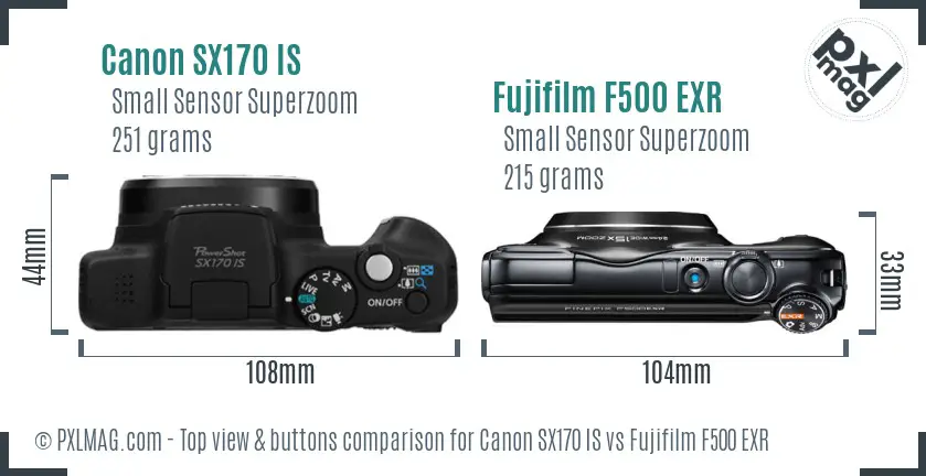 Canon SX170 IS vs Fujifilm F500 EXR top view buttons comparison