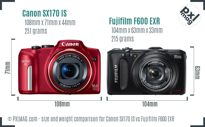 Canon SX170 IS vs Fujifilm F600 EXR size comparison