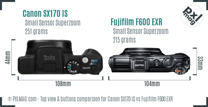 Canon SX170 IS vs Fujifilm F600 EXR top view buttons comparison
