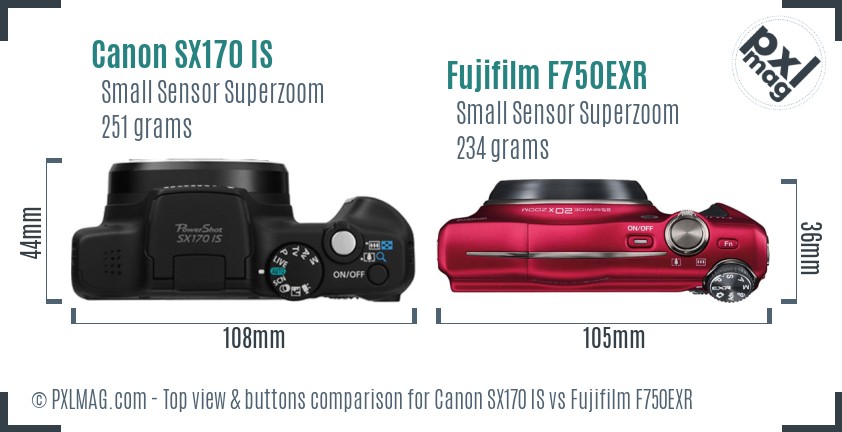 Canon SX170 IS vs Fujifilm F750EXR top view buttons comparison