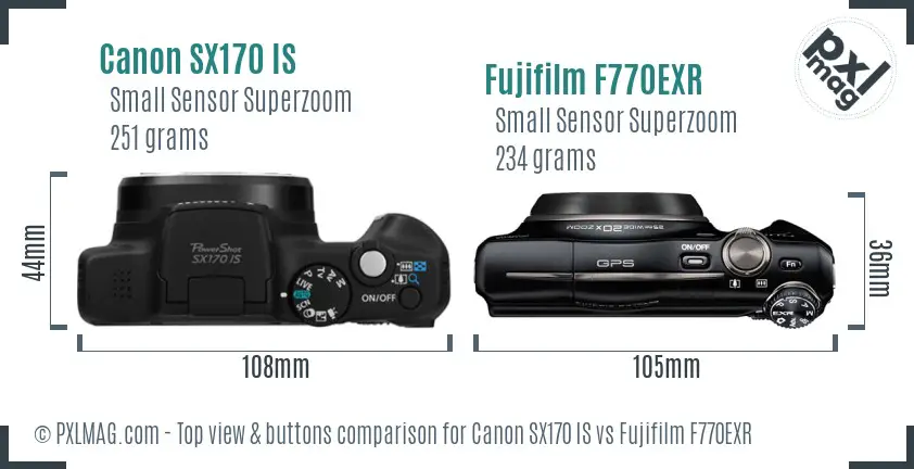 Canon SX170 IS vs Fujifilm F770EXR top view buttons comparison