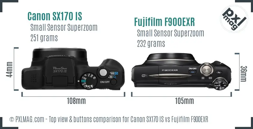 Canon SX170 IS vs Fujifilm F900EXR top view buttons comparison