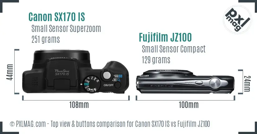 Canon SX170 IS vs Fujifilm JZ100 top view buttons comparison