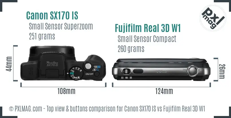 Canon SX170 IS vs Fujifilm Real 3D W1 top view buttons comparison