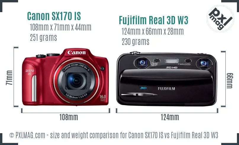 Canon SX170 IS vs Fujifilm Real 3D W3 size comparison