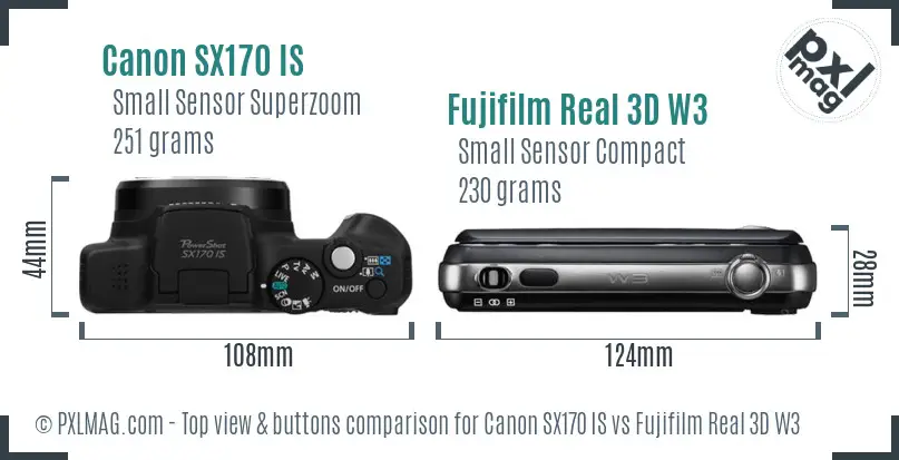 Canon SX170 IS vs Fujifilm Real 3D W3 top view buttons comparison