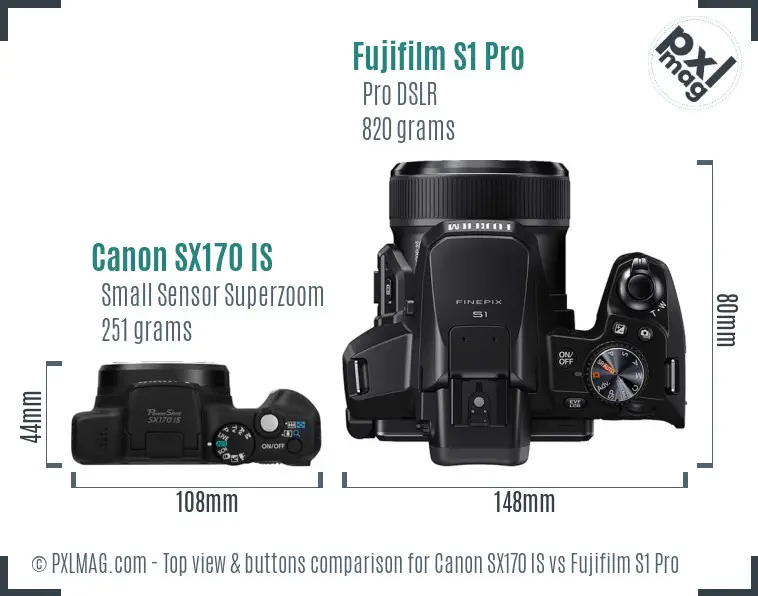 Canon SX170 IS vs Fujifilm S1 Pro top view buttons comparison Canon SX170 IS vs Fujifilm S1 Pro top view buttons comparison