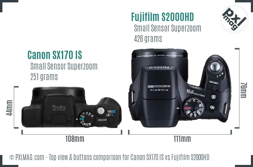 Canon SX170 IS vs Fujifilm S2000HD top view buttons comparison