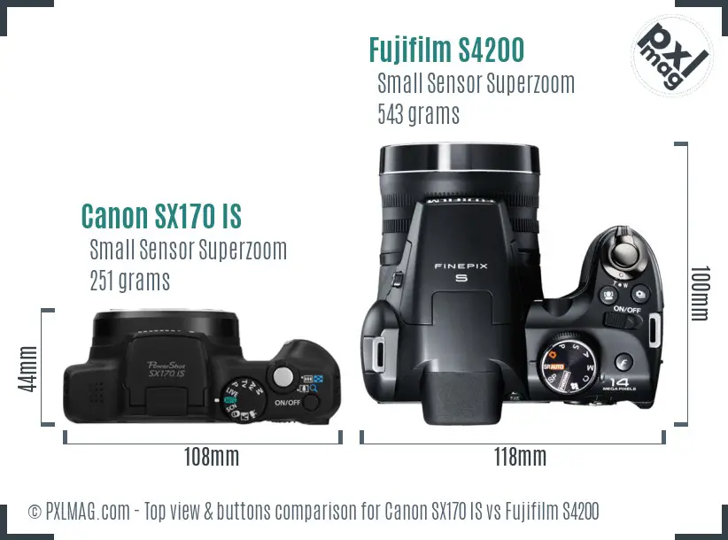 Canon SX170 IS vs Fujifilm S4200 top view buttons comparison