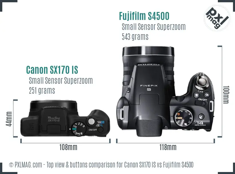 Canon SX170 IS vs Fujifilm S4500 top view buttons comparison